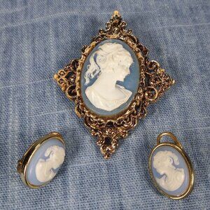 1960s Vintage Cameo Matching Brooch and Earrings: White on Blue